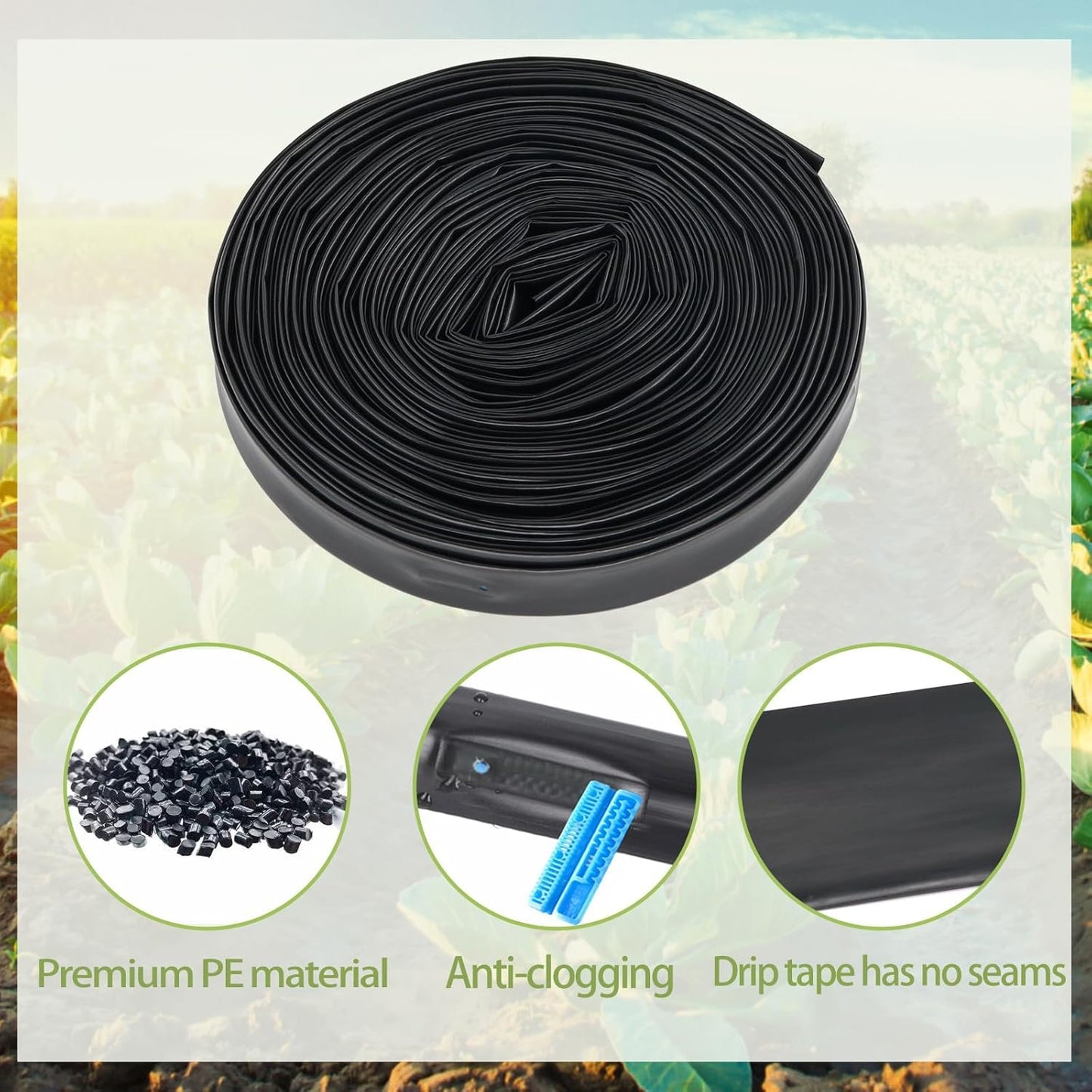 100 ft 5/8" Drip Irrigation Tape Kit Emitter Spacing 6" with 20PCS Drip Tape Connectors and 20PCS Drip Tape Row Ends Automatic Equipment for Garden Irrigation Wall Thickness : 15 mil 0.53GPH
