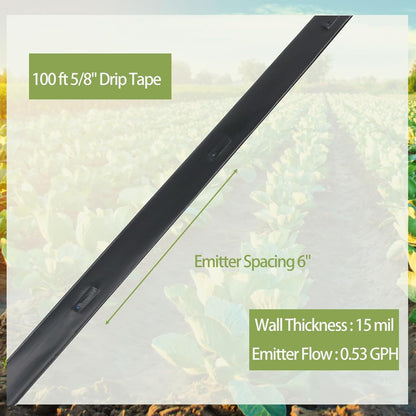 100 ft 5/8" Drip Irrigation Tape Kit Emitter Spacing 6" with 20PCS Drip Tape Connectors and 20PCS Drip Tape Row Ends Automatic Equipment for Garden Irrigation Wall Thickness : 15 mil 0.53GPH