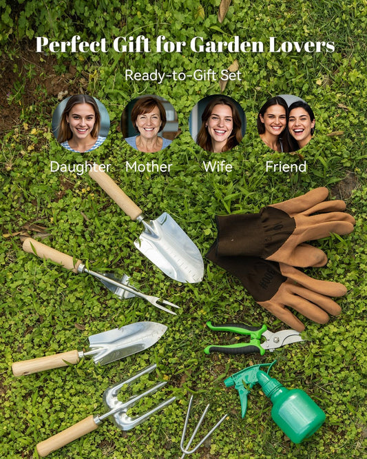 9-Piece Garden Tool Set - Heavy Duty Gardening Hand Tools with Ergonomic Non-Slip Grips, Rust-Resistant Shovel, Trowel, Rake, Pruner & Storage Bag - Ideal Gardening Gifts for Women