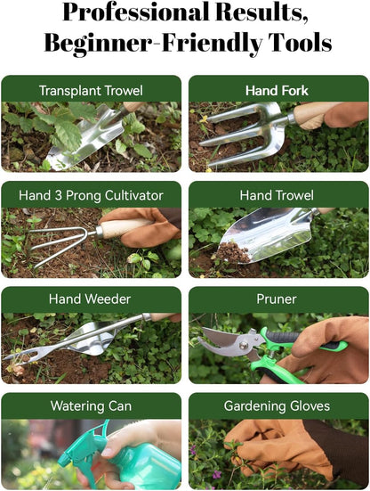 9-Piece Garden Tool Set - Heavy Duty Gardening Hand Tools with Ergonomic Non-Slip Grips, Rust-Resistant Shovel, Trowel, Rake, Pruner & Storage Bag - Ideal Gardening Gifts for Women
