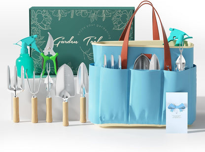 9-Piece Garden Tool Set - Heavy Duty Gardening Hand Tools with Ergonomic Non-Slip Grips, Rust-Resistant Shovel, Trowel, Rake, Pruner & Storage Bag - Ideal Gardening Gifts for Women
