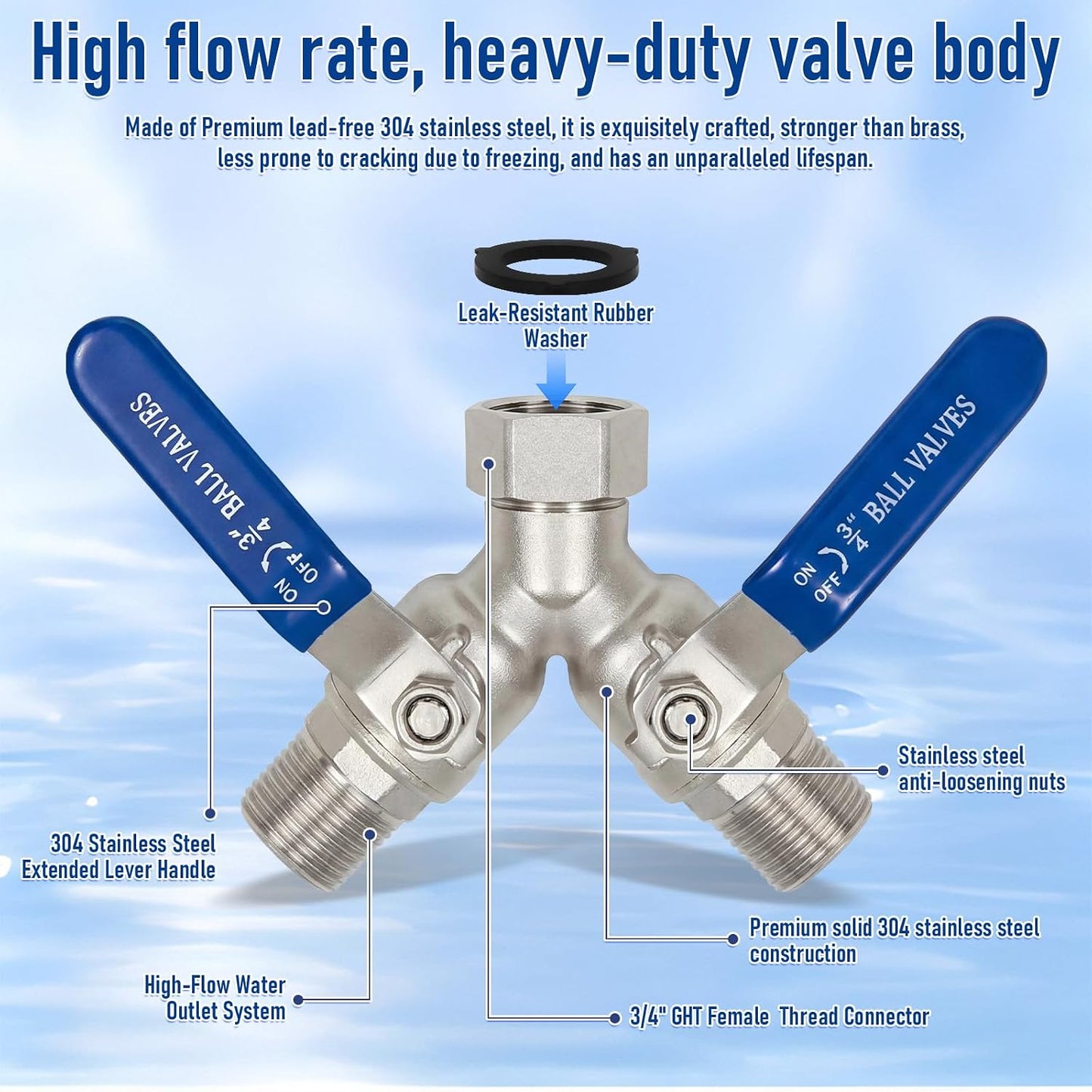 Garden Hose Splitter 2 Way, 304 Stainless Steel Heavy Duty Y Valve Water Hose Splitter With Long Handle Outdoor Full Flow Hose Splitter Connector,3/4 Inch GHT Thread