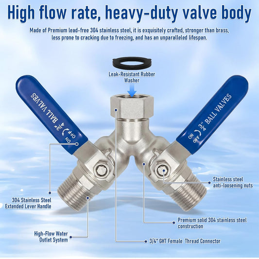 Garden Hose Splitter 2 Way, 304 Stainless Steel Heavy Duty Y Valve Water Hose Splitter With Long Handle Outdoor Full Flow Hose Splitter Connector,3/4 Inch GHT Thread