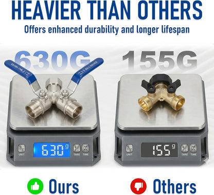 Garden Hose Splitter 2 Way, 304 Stainless Steel Heavy Duty Y Valve Water Hose Splitter With Long Handle Outdoor Full Flow Hose Splitter Connector,3/4 Inch GHT Thread