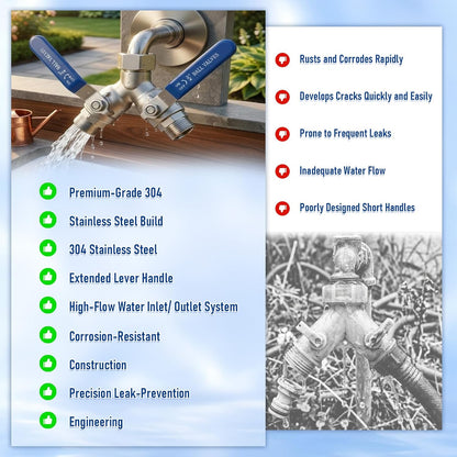 Garden Hose Splitter 2 Way, 304 Stainless Steel Heavy Duty Y Valve Water Hose Splitter With Long Handle Outdoor Full Flow Hose Splitter Connector,3/4 Inch GHT Thread