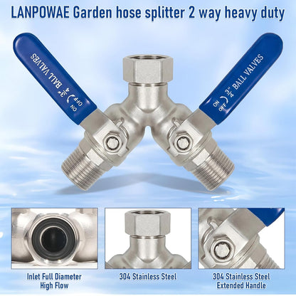 Garden Hose Splitter 2 Way, 304 Stainless Steel Heavy Duty Y Valve Water Hose Splitter With Long Handle Outdoor Full Flow Hose Splitter Connector,3/4 Inch GHT Thread