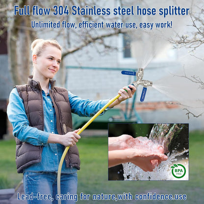 Garden Hose Splitter 2 Way, 304 Stainless Steel Heavy Duty Y Valve Water Hose Splitter With Long Handle Outdoor Full Flow Hose Splitter Connector,3/4 Inch GHT Thread