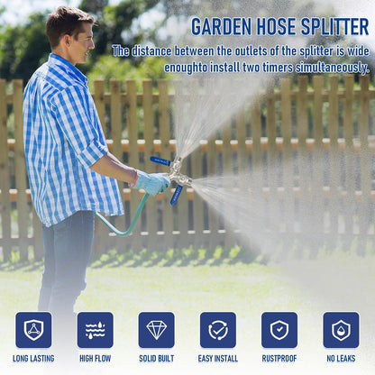 Garden Hose Splitter 2 Way, 304 Stainless Steel Heavy Duty Y Valve Water Hose Splitter With Long Handle Outdoor Full Flow Hose Splitter Connector,3/4 Inch GHT Thread