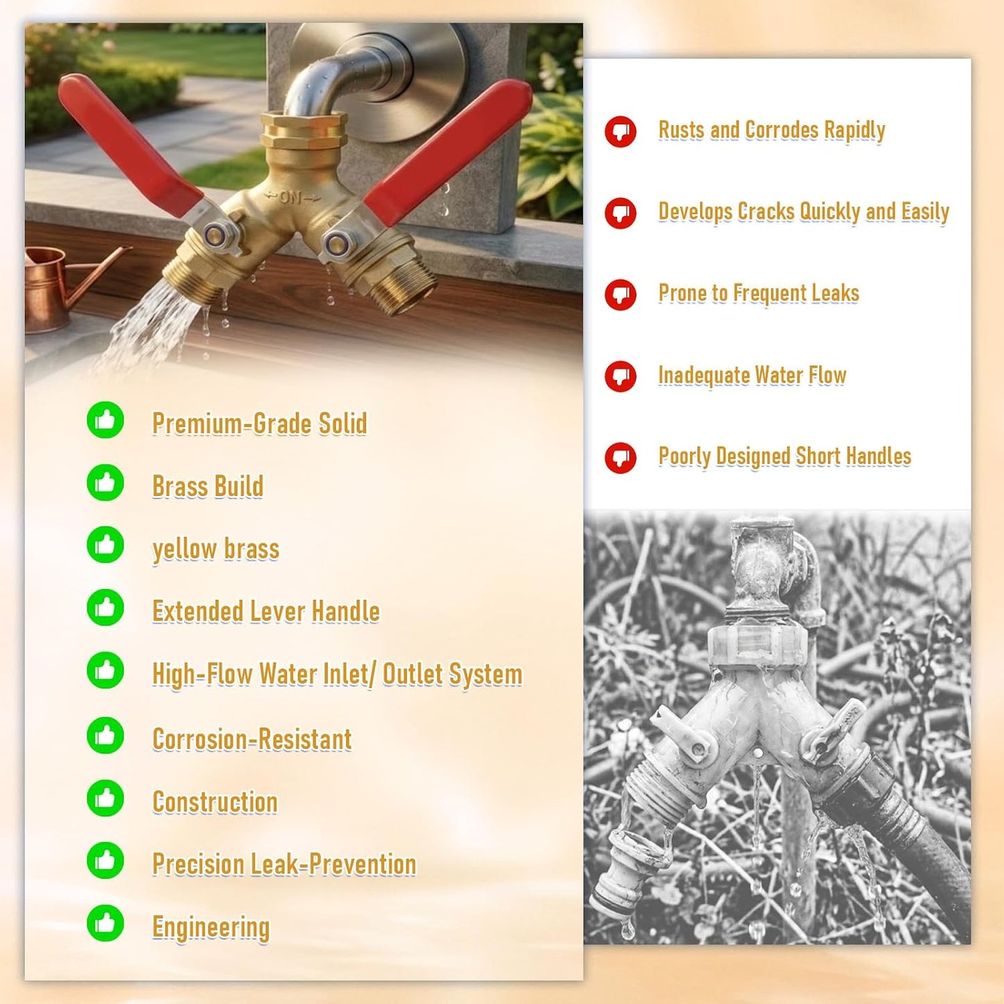 Garden Hose Splitter 2 Way, 304 Stainless Steel Heavy Duty Y Valve Water Hose Splitter With Long Handle Outdoor Full Flow Hose Splitter Connector,3/4 Inch GHT Thread