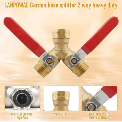 Garden Hose Splitter 2 Way, 304 Stainless Steel Heavy Duty Y Valve Water Hose Splitter With Long Handle Outdoor Full Flow Hose Splitter Connector,3/4 Inch GHT Thread