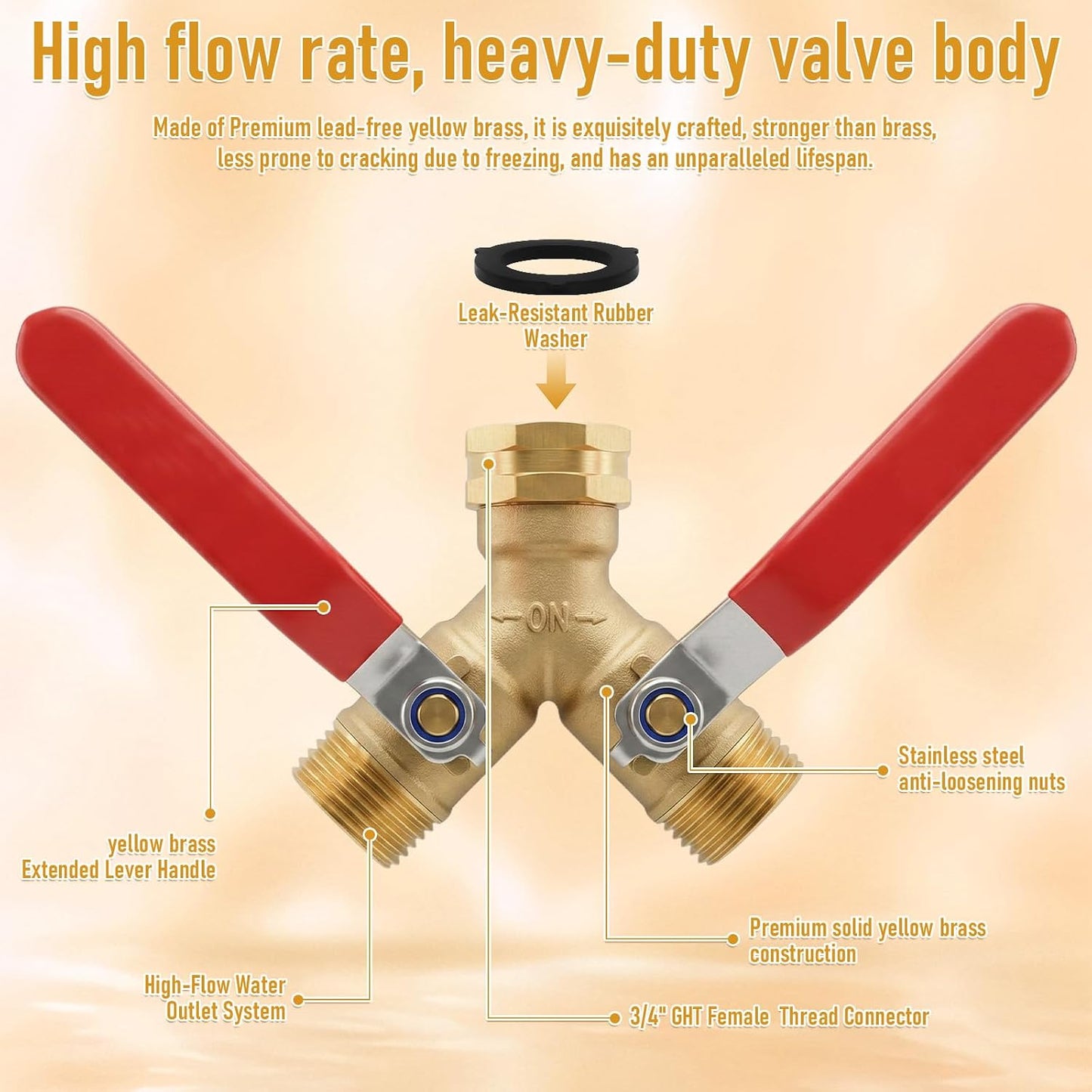 Garden Hose Splitter 2 Way, 304 Stainless Steel Heavy Duty Y Valve Water Hose Splitter With Long Handle Outdoor Full Flow Hose Splitter Connector,3/4 Inch GHT Thread