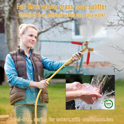 Garden Hose Splitter 2 Way, 304 Stainless Steel Heavy Duty Y Valve Water Hose Splitter With Long Handle Outdoor Full Flow Hose Splitter Connector,3/4 Inch GHT Thread