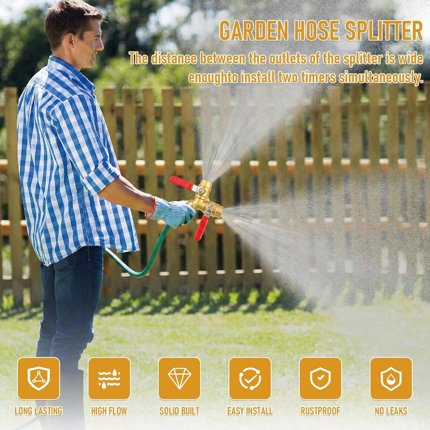 Garden Hose Splitter 2 Way, 304 Stainless Steel Heavy Duty Y Valve Water Hose Splitter With Long Handle Outdoor Full Flow Hose Splitter Connector,3/4 Inch GHT Thread
