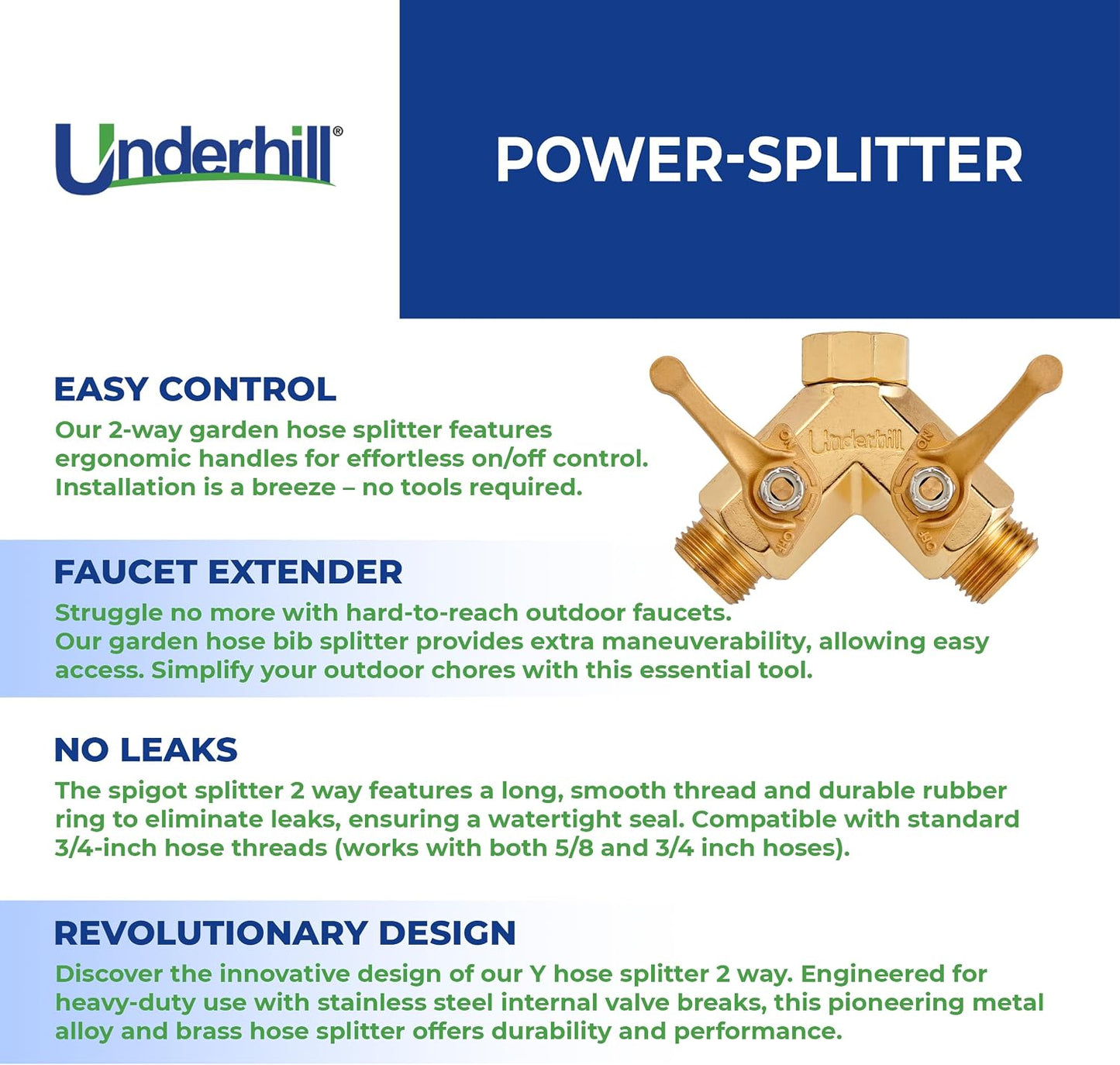 Garden Y Hose Splitter 2 Way, Heavy Duty Bib Faucet Spigot Connector with Water Shut Off Valves, Metal, 30 GPM, 3/4-Inch Thread, A-HB2HF