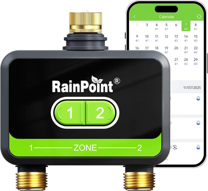 WiFi Water Timer for Garden Hose with Brass Inlet & Outlet, 2-Zone Smart Hose Timer, WiFi Irrigation Controller via APP/Voice Control, Automatic Sprinkler Watering System for Lawns and Yard