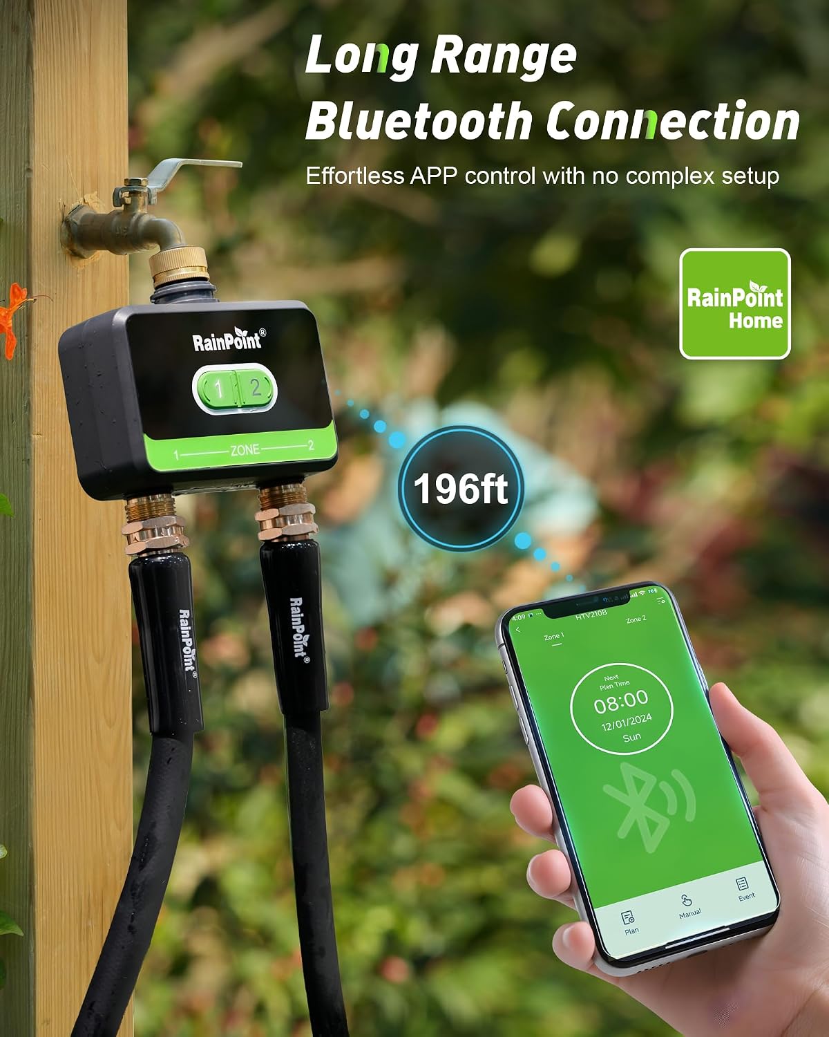 WiFi Water Timer for Garden Hose with Brass Inlet & Outlet, 2-Zone Smart Hose Timer, WiFi Irrigation Controller via APP/Voice Control, Automatic Sprinkler Watering System for Lawns and Yard
