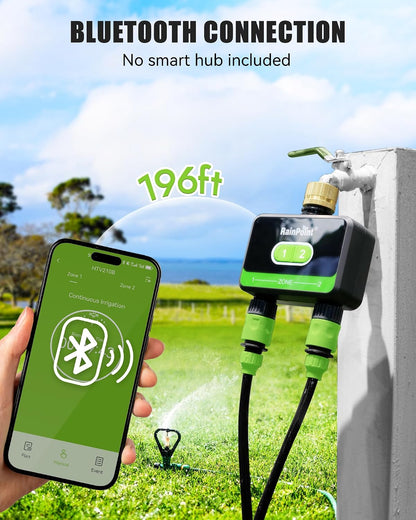 WiFi Water Timer for Garden Hose with Brass Inlet & Outlet, 2-Zone Smart Hose Timer, WiFi Irrigation Controller via APP/Voice Control, Automatic Sprinkler Watering System for Lawns and Yard