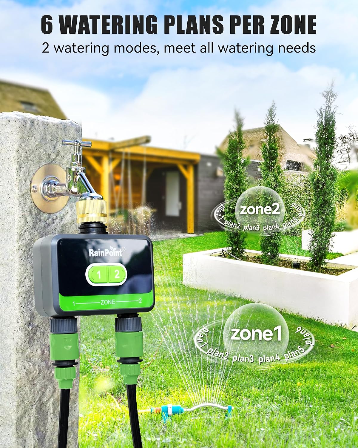 WiFi Water Timer for Garden Hose with Brass Inlet & Outlet, 2-Zone Smart Hose Timer, WiFi Irrigation Controller via APP/Voice Control, Automatic Sprinkler Watering System for Lawns and Yard
