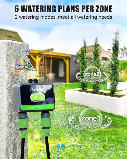 WiFi Water Timer for Garden Hose with Brass Inlet & Outlet, 2-Zone Smart Hose Timer, WiFi Irrigation Controller via APP/Voice Control, Automatic Sprinkler Watering System for Lawns and Yard