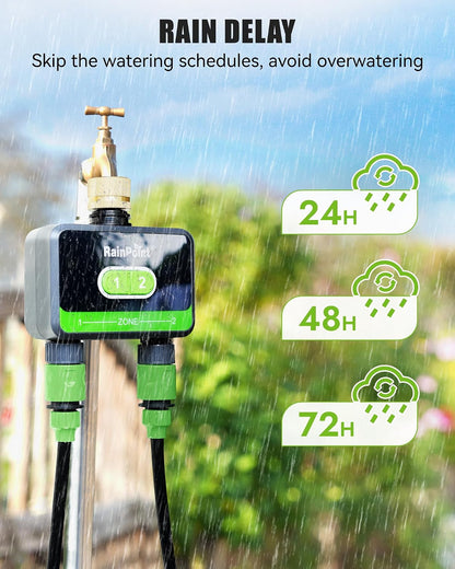 WiFi Water Timer for Garden Hose with Brass Inlet & Outlet, 2-Zone Smart Hose Timer, WiFi Irrigation Controller via APP/Voice Control, Automatic Sprinkler Watering System for Lawns and Yard