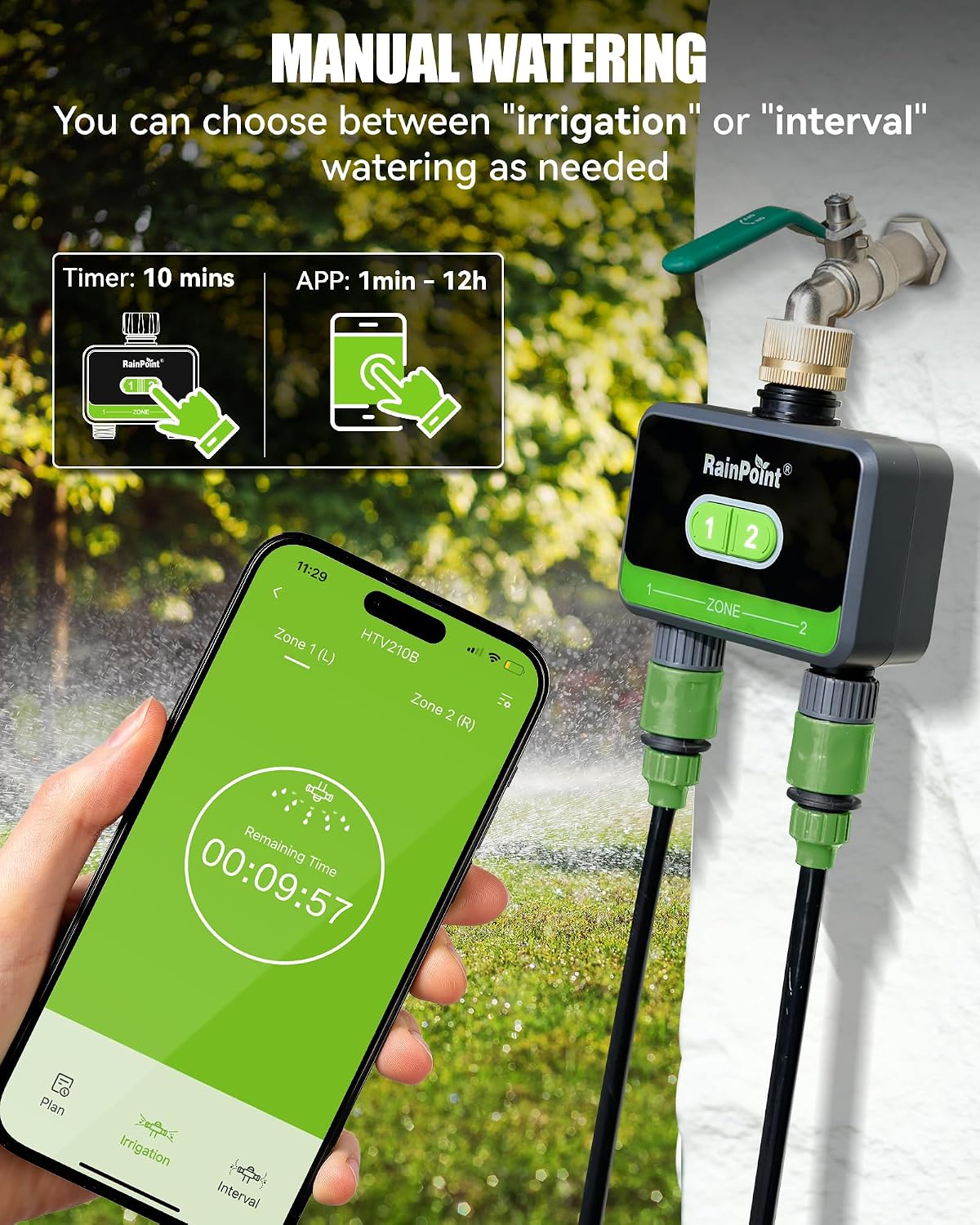 WiFi Water Timer for Garden Hose with Brass Inlet & Outlet, 2-Zone Smart Hose Timer, WiFi Irrigation Controller via APP/Voice Control, Automatic Sprinkler Watering System for Lawns and Yard
