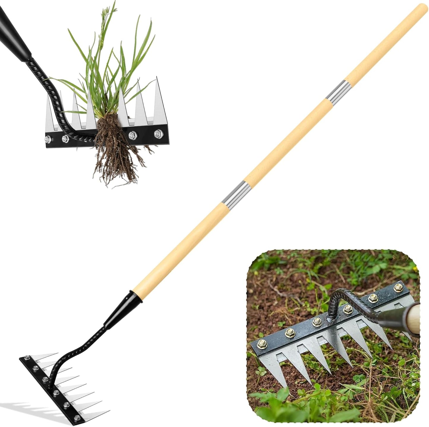 Iron Weeding Rake with Long Handle, 8-Tine Heavy Duty Garden Tool for Lawn