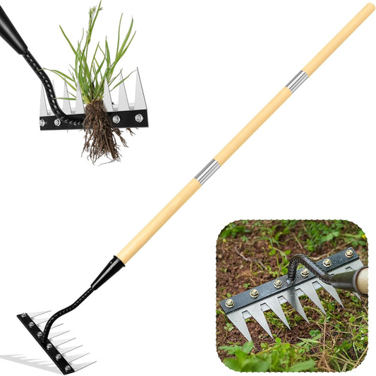 Iron Weeding Rake with Long Handle, 8-Tine Heavy Duty Garden Tool for Lawn