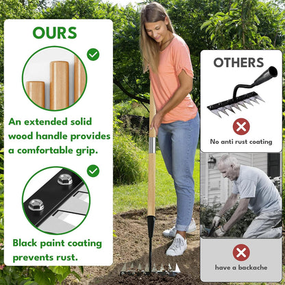 Iron Weeding Rake with Long Handle, 8-Tine Heavy Duty Garden Tool for Lawn