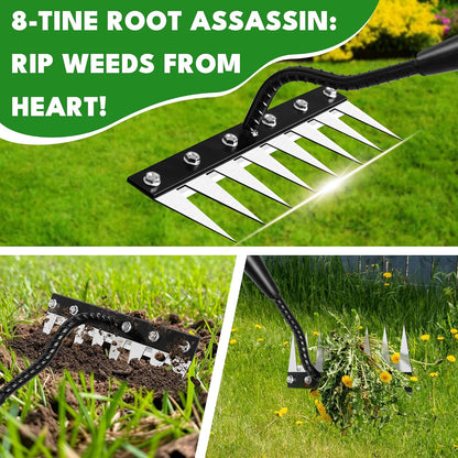 Iron Weeding Rake with Long Handle, 8-Tine Heavy Duty Garden Tool for Lawn