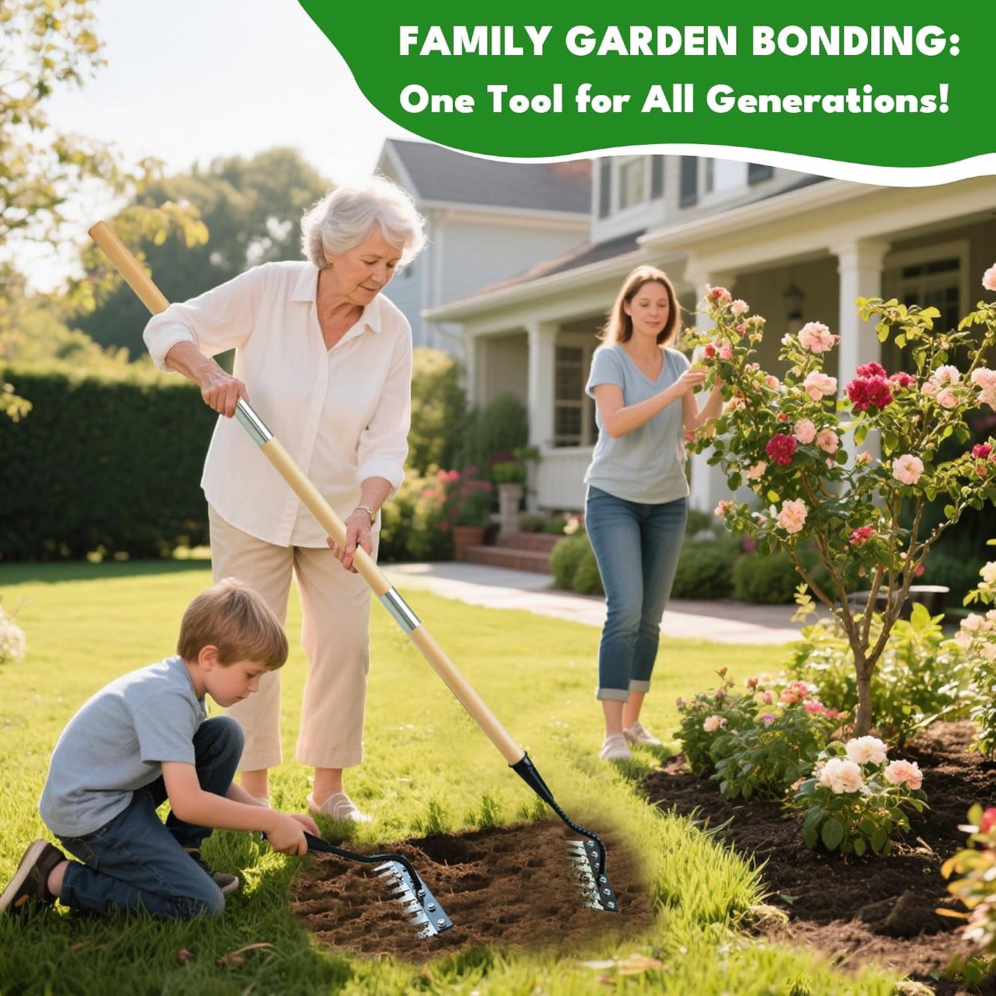 Iron Weeding Rake with Long Handle, 8-Tine Heavy Duty Garden Tool for Lawn