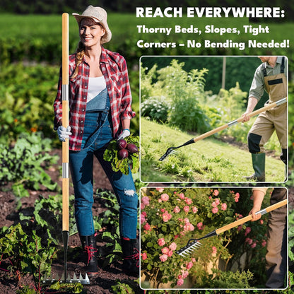 Iron Weeding Rake with Long Handle, 8-Tine Heavy Duty Garden Tool for Lawn