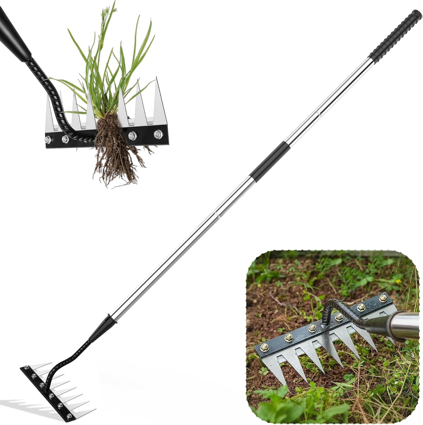 Iron Weeding Rake with Long Handle, 8-Tine Heavy Duty Garden Tool for Lawn