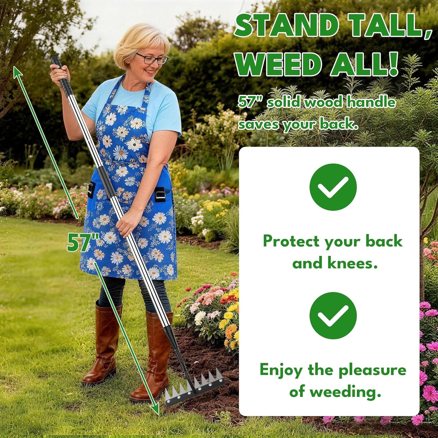 Iron Weeding Rake with Long Handle, 8-Tine Heavy Duty Garden Tool for Lawn