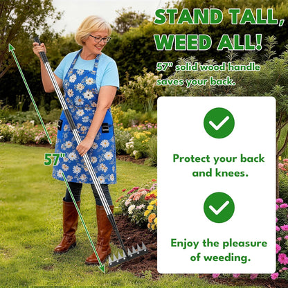 Iron Weeding Rake with Long Handle, 8-Tine Heavy Duty Garden Tool for Lawn