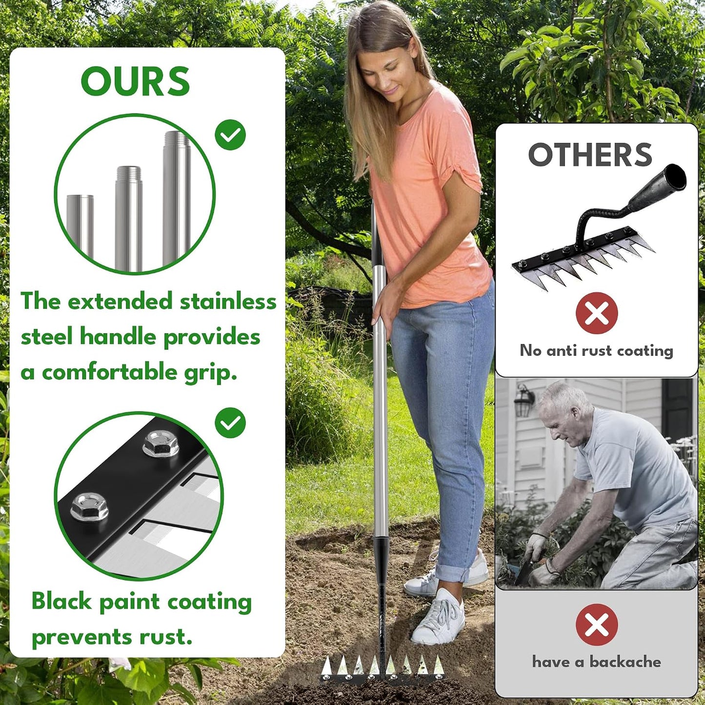 Iron Weeding Rake with Long Handle, 8-Tine Heavy Duty Garden Tool for Lawn