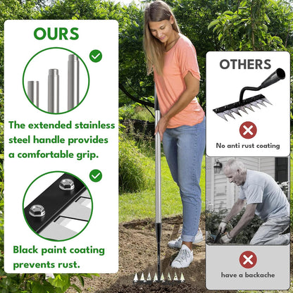 Iron Weeding Rake with Long Handle, 8-Tine Heavy Duty Garden Tool for Lawn