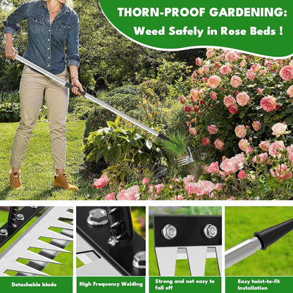Iron Weeding Rake with Long Handle, 8-Tine Heavy Duty Garden Tool for Lawn