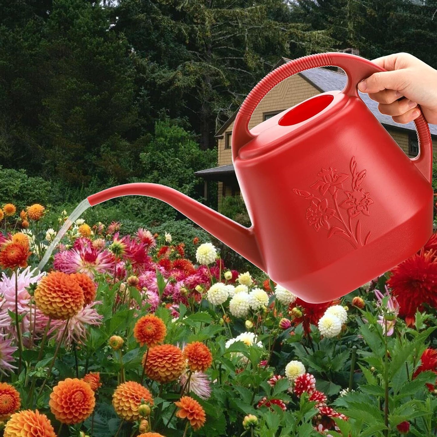1-Gallon Plastic Watering Can with Comfortable Handle, Garden Watering Cans Long Spout for Indoor Outdoor Watering Plants, Burnt Red