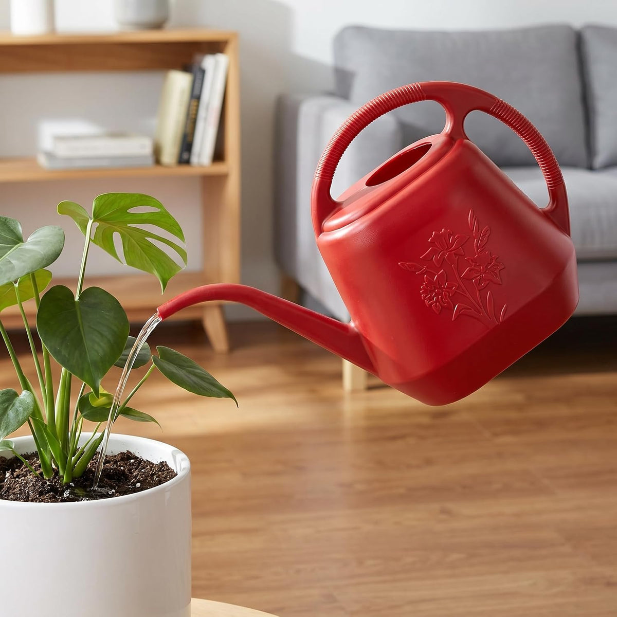 1-Gallon Plastic Watering Can with Comfortable Handle, Garden Watering Cans Long Spout for Indoor Outdoor Watering Plants, Burnt Red