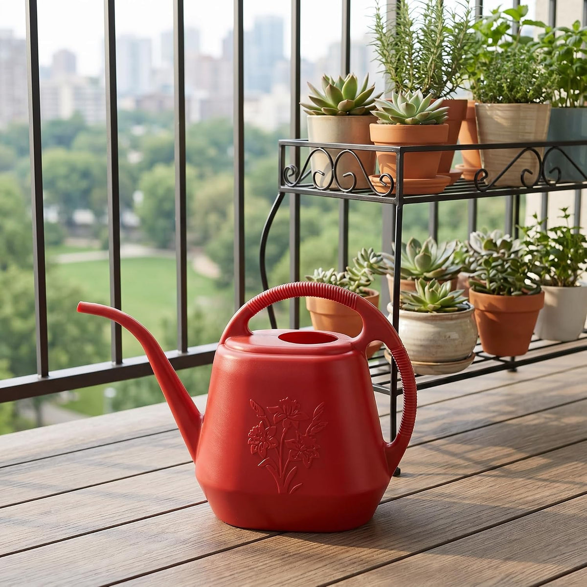 1-Gallon Plastic Watering Can with Comfortable Handle, Garden Watering Cans Long Spout for Indoor Outdoor Watering Plants, Burnt Red