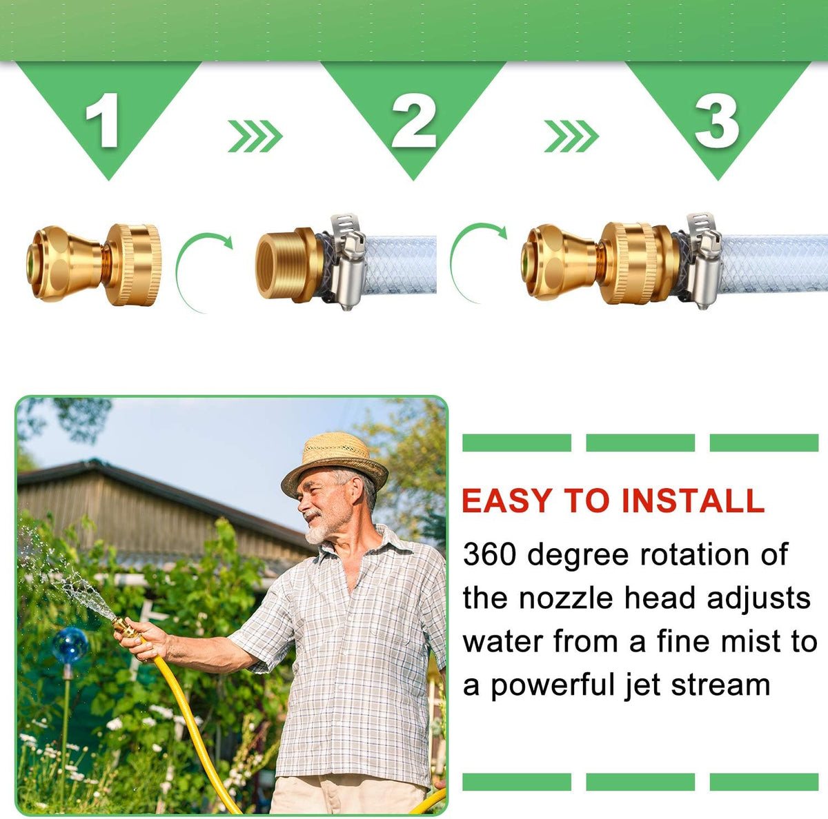 3 Pack Big Shot Brass Hose Nozzle Adjustable Twist,3/4 Inch