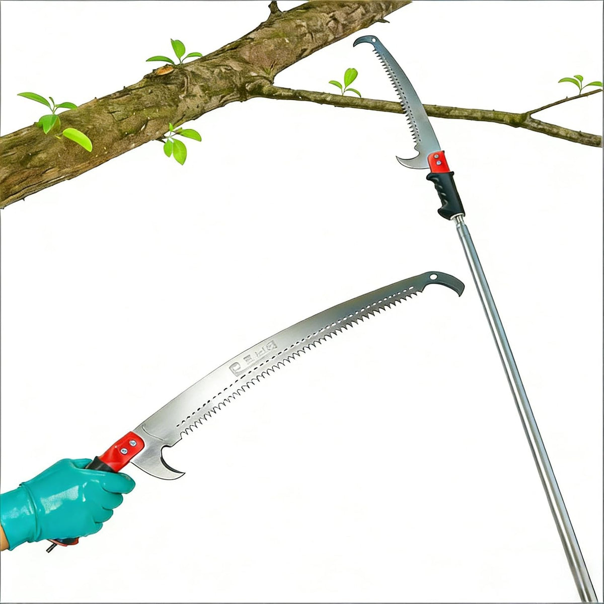 11-foot lightweight manual pruning saw with integrated telescopic pole, stainless steel blade, no assembly required. Long-reach pruning saw suitable for yards, gardens, patios, and forestry work.