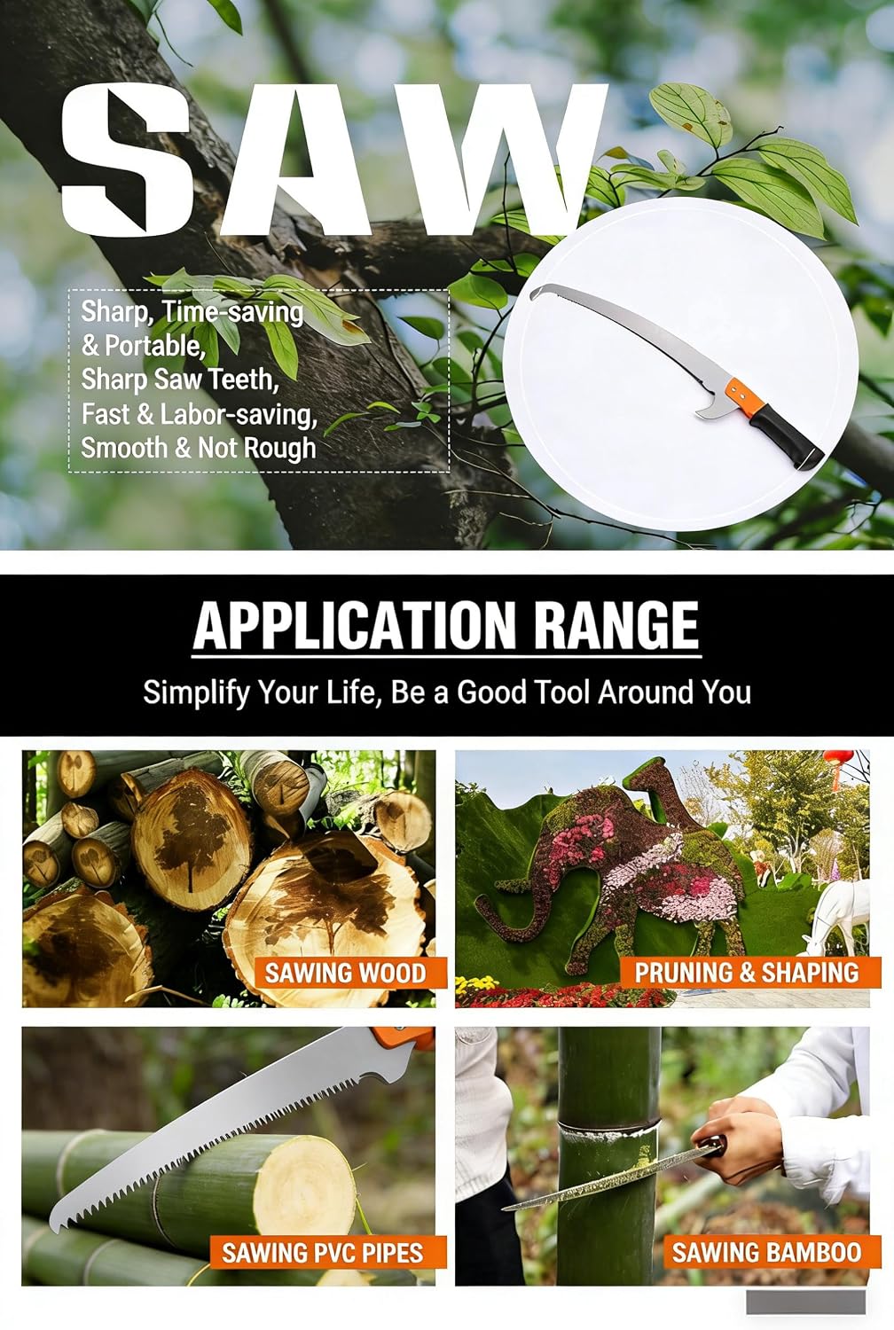 11-foot lightweight manual pruning saw with integrated telescopic pole, stainless steel blade, no assembly required. Long-reach pruning saw suitable for yards, gardens, patios, and forestry work.