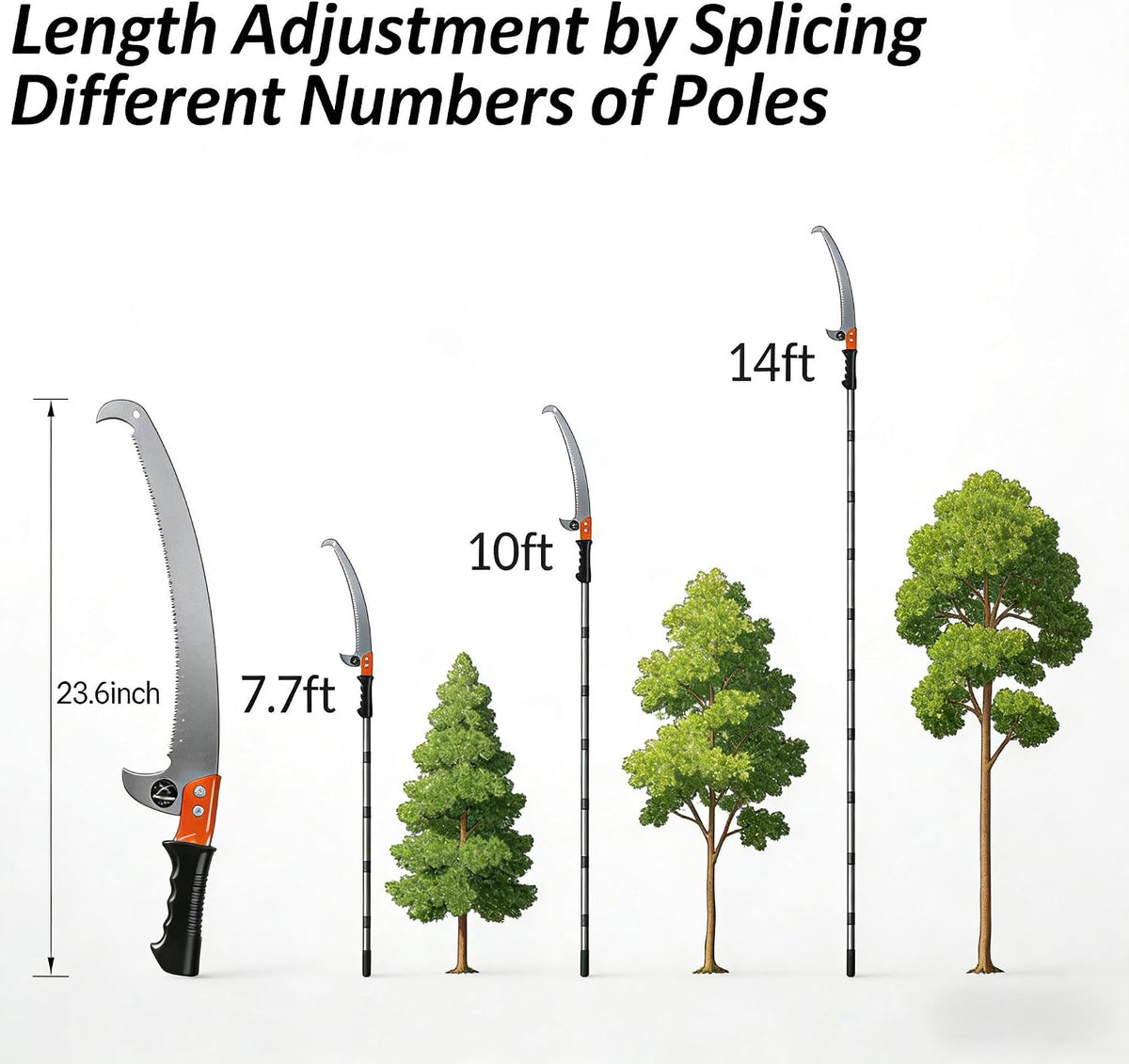 11-foot lightweight manual pruning saw with integrated telescopic pole, stainless steel blade, no assembly required. Long-reach pruning saw suitable for yards, gardens, patios, and forestry work.