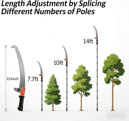 11-foot lightweight manual pruning saw with integrated telescopic pole, stainless steel blade, no assembly required. Long-reach pruning saw suitable for yards, gardens, patios, and forestry work.