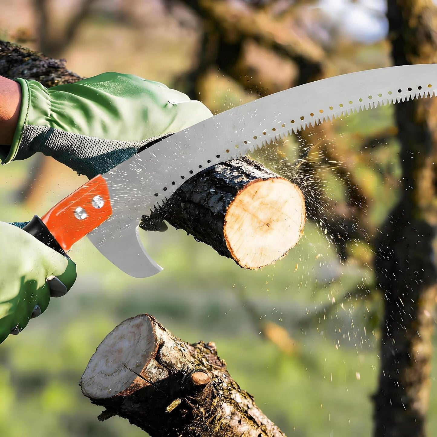 11-foot lightweight manual pruning saw with integrated telescopic pole, stainless steel blade, no assembly required. Long-reach pruning saw suitable for yards, gardens, patios, and forestry work.