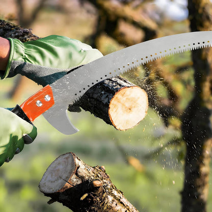 11-foot lightweight manual pruning saw with integrated telescopic pole, stainless steel blade, no assembly required. Long-reach pruning saw suitable for yards, gardens, patios, and forestry work.