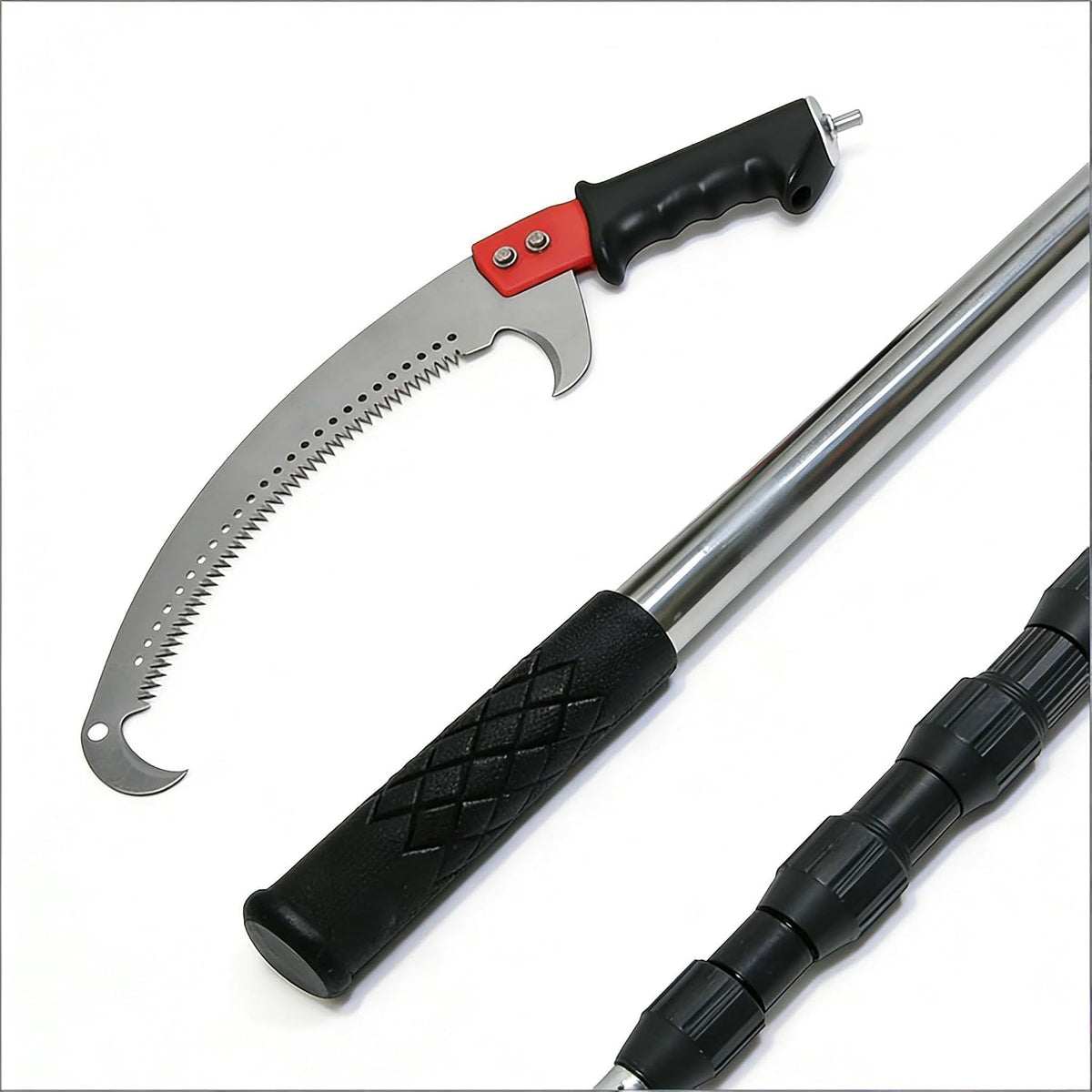 11-foot lightweight manual pruning saw with integrated telescopic pole, stainless steel blade, no assembly required. Long-reach pruning saw suitable for yards, gardens, patios, and forestry work.