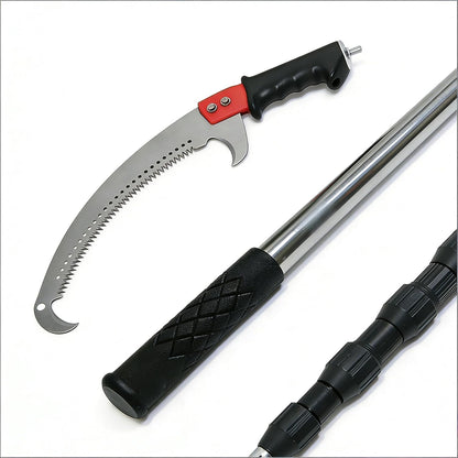 11-foot lightweight manual pruning saw with integrated telescopic pole, stainless steel blade, no assembly required. Long-reach pruning saw suitable for yards, gardens, patios, and forestry work.
