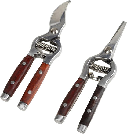 2 Pack Garden Pruning Shears for Gardening, Wood Steel Handle Bypass Pruning Shears for Gardening, Curved Straight Garden Shears, Gardening Tools for Plants Flowers Light Branches